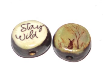 1 Ceramic Wild Double Sided Quote Bead Porcelain Handmade 15mm BB3-4