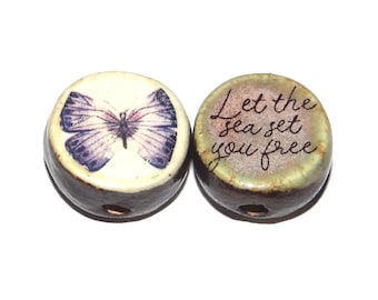 1 Ceramic Two Sided Quote Bead Butterfly Handmade  16-18mm BB2-2