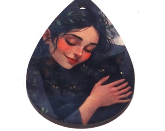 Wooden Two Sided Cat Pendant Porcelain Handmade 45mm MM9-2