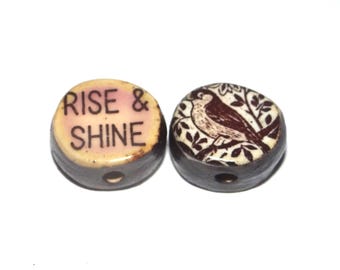 1 Ceramic Bird Double Sided Quote Bead Porcelain Handmade 13mm BB5-4