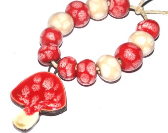 Ceramic Mushroom Bead Set Handmade Porcelain 10mm