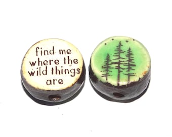 1 Ceramic Forest Double Sided Quote Bead Handmade 13mm BB4-4