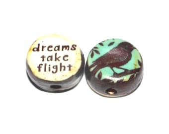 1 Ceramic Bird Double Sided Quote Bead Porcelain Handmade 13mm BB4-4