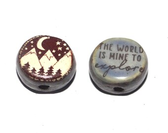 1 Ceramic Mountains Double Sided Quote Bead Handmade 13mm BB3-2