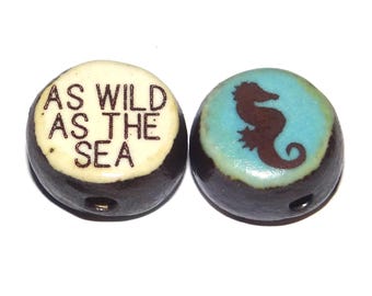 1 Ceramic Seahorse Double Sided Quote Bead Porcelain Handmade 15mm BB4-3