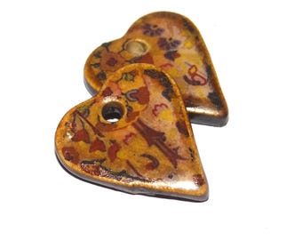 Ceramic Heart Floral Patterned Charms Earring Bead Pair 18mm PP3-2