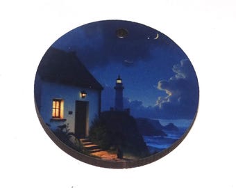 Wooden Two Sided Lighthouse Pendant Handmade 30mm MM10-1