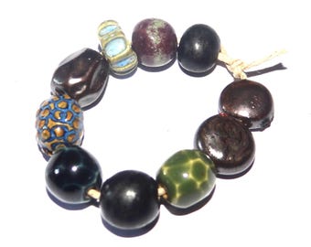 Ceramic Bead Set Textured Glazed Pottery Clay Handmade Porcelain 8-12mm