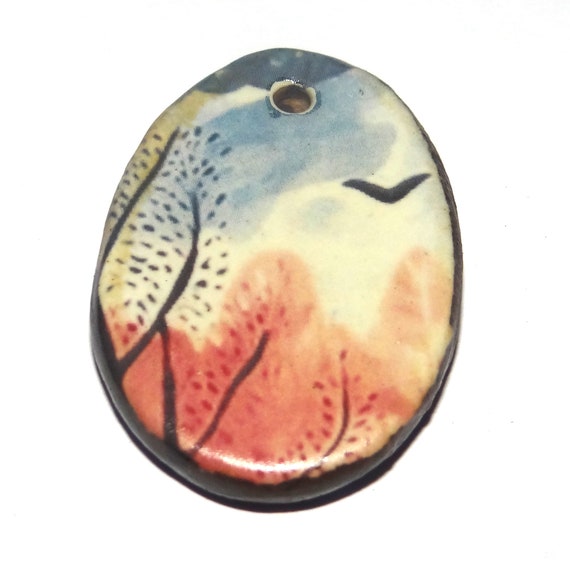 Ceramic Tree Moon Pendant Handmade Focal Porcelain 30mm CC7-2