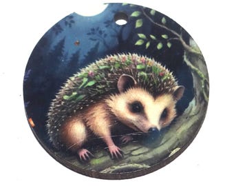 Wooden Two Sided Hedgeog Pendant Porcelain Handmade 30mm MM9-2