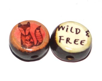 1 Ceramic Fox Double Sided Quote Bead Porcelain Handmade 15mm BB4-3