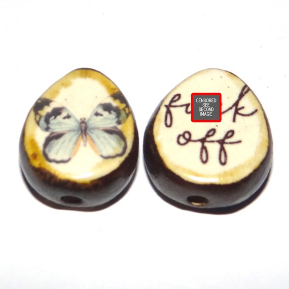 1 Ceramic Double Sided Quote Bead Porcelain Handmade  25mm PP4-2