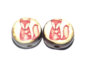 Ceramic Fox Beads Pair Porcelain 15mm CC10-3
