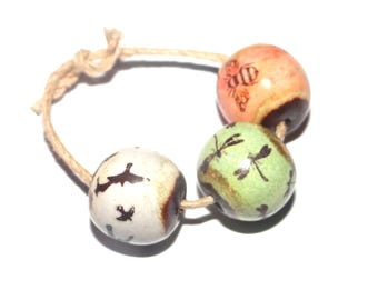 Ceramic Flight Bead Trio Bird Bee Dragonfly Porcelain Handmade 11mm CC3-4