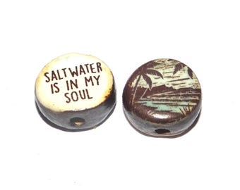 1 Ceramic Ocean Double Sided Quote Bead Porcelain Handmade 13mm BB4-3