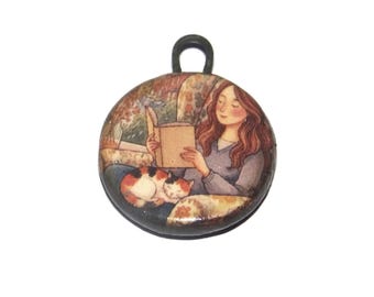 Ceramic Reading A Book Charm Pendant Porcelain Handmade 27mm CC9-4