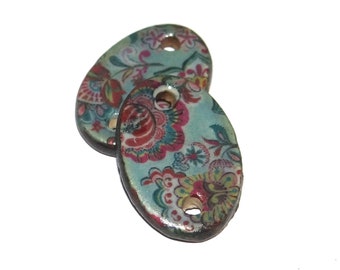 Ceramic Floral Patterned Oval Charms Beads Pair Porcelain 23mm PP1-4
