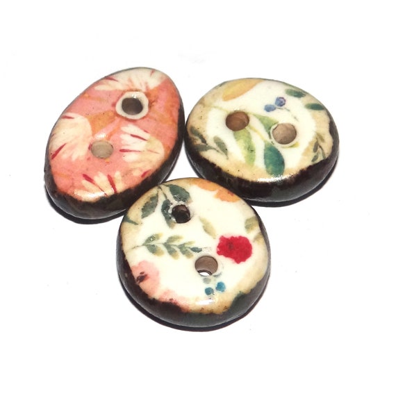 Ceramic Floral Patterned Buttons Porcelain Handmade Unique Rustic 15mm CC8-2