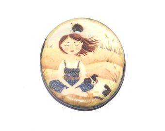 Ceramic Beach Girl Dog Pendant Handmade Focal Porcelain 28mm PP1-3