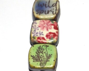 Ceramic Quote Bead Set Cube Beads Handmade Floral Flower Beads CC8-4