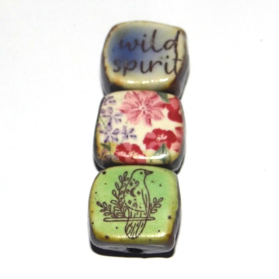 Ceramic Quote Bead Set Cube Beads Handmade Floral Flower Beads CC8-4