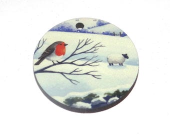 Wooden Two Sided Winter Robin Pendant Handmade 30mm MM7-1