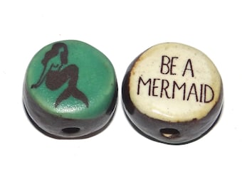 1 Ceramic Mermaid Double Sided Quote Bead Porcelain Handmade 15mm BB6-1