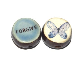 1 Ceramic Two Sided Quote Bead Butterfly Porcelain Handmade  16-18mm BB4-2