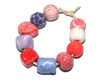 Ceramic Bead Set Textured Glazed Pottery Clay Handmade 8-15mm
