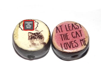1 Ceramic Cat Adult Double Sided Quote Bead Porcelain Handmade 18mm BB4-3