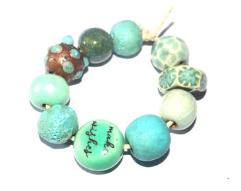 Ceramic Bead Set Textured Glazed Pottery Clay Handmade Porcelain 8-15mm