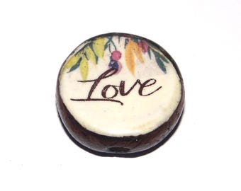 Ceramic Quote Floral Focal Pendant Bead Handmade Pottery Beads 23mm BB7-2