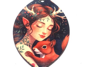 Wooden Two Sided Squirrel Pendant Porcelain Handmade 45mm MM9-2
