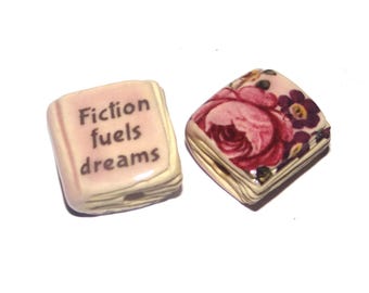 Ceramic Book Bead Focal Handmade Rustic Floral Quote Word Sculpture Porcelain 22mm