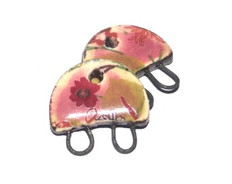 Ceramic Floral Patterned Charms Beads Pair Porcelain 17mm PP2-3