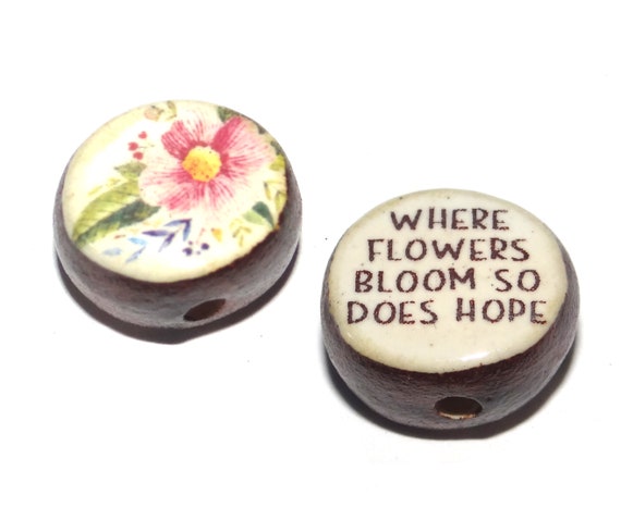 1 Ceramic Double Sided Quote Bead Porcelain Handmade 20mm PP4-2