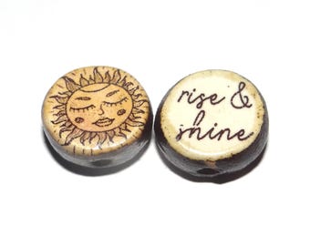 1 Ceramic Sun Double Sided Quote Bead Porcelain Handmade 13mm BB8-1