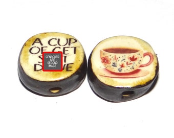 1 Ceramic Double Sided Quote Bead Porcelain Handmade  18mm CC9-3