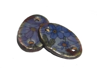 Ceramic Floral Patterned Oval Charms Beads Pair Porcelain 23mm PP1-4