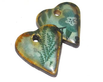 Ceramic Heart Floral Patterned Charms Earring Bead Pair 18mm PP4-3