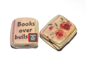 Ceramic Book Bead Focal Handmade Rustic Floral Quote Word Sculpture Porcelain 22mm