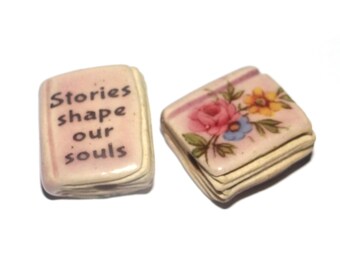 Ceramic Book Bead Focal Handmade Rustic Floral Quote Word Sculpture Porcelain 22mm