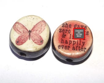 1 Ceramic Double Sided Quote Bead Porcelain Handmade Adult 19mm CC4-4