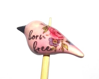 Ceramic Bird Bead Focal Handmade Rustic Floral Quote Word Sculpture Porcelain 30mm