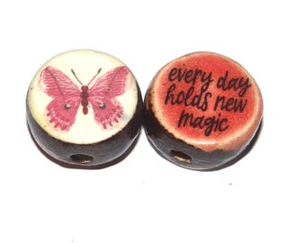 1 Ceramic Two Sided Quote Bead Butterfly Porcelain Handmade  16-18mm BB4-2