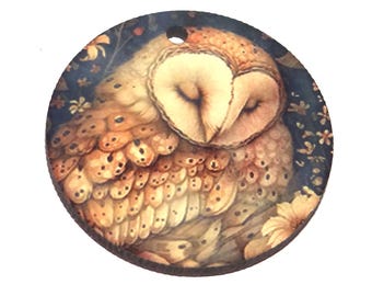 Wooden Two Sided Owl Pendant Porcelain Handmade 30mm MM10-4