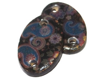 Ceramic Floral Patterned Oval Charms Beads Pair Porcelain 23mm PP1-4
