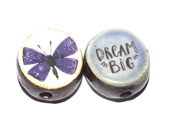1 Ceramic Two Sided Quote Bead Butterfly Handmade  16-18mm BB2-3