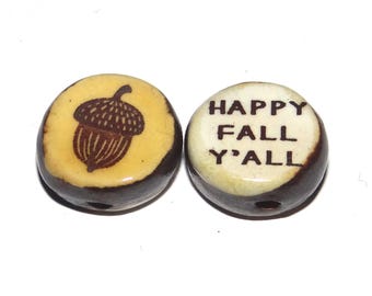 1 Ceramic Fall Autumn Double Sided Quote Bead Porcelain Handmade 15mm BB5-2