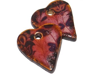 Ceramic Heart Floral Earring Charms Pair Beads Handmade 18mm PP1-3